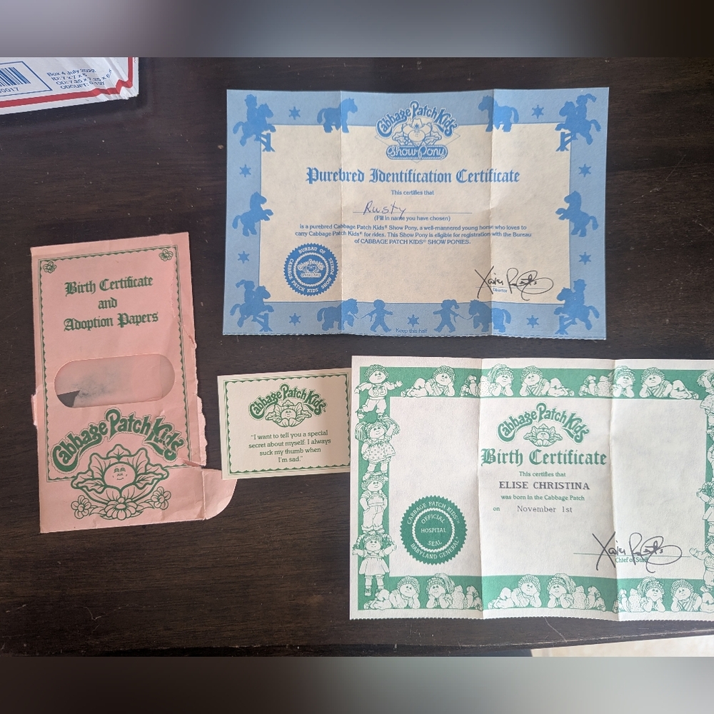 Cabbage Patch Kid & Show Pony Birth Certificates and Adoption Papers